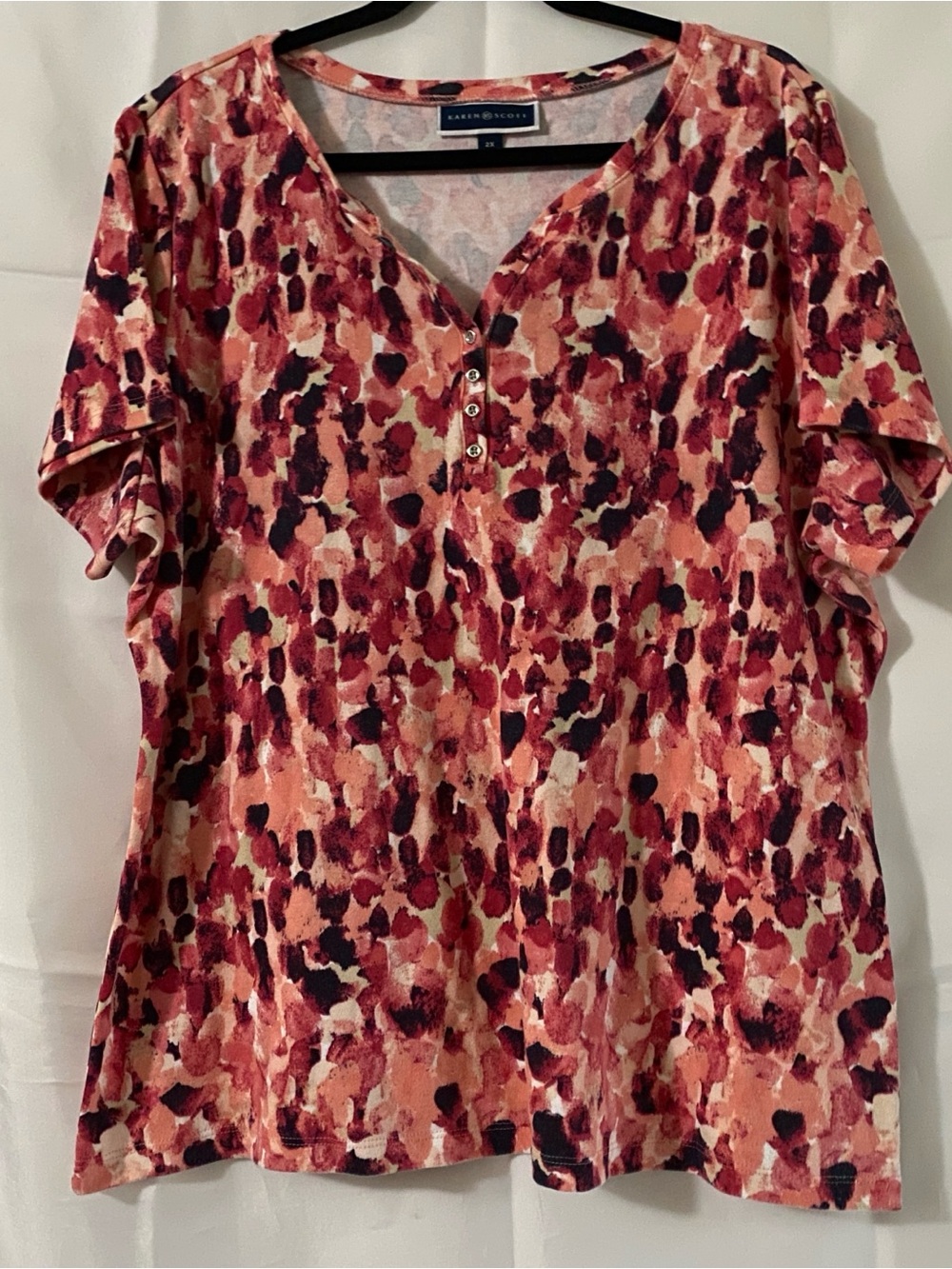 Karen Scott 2X Pink Abstract Floral Split Neck Top Plus Size